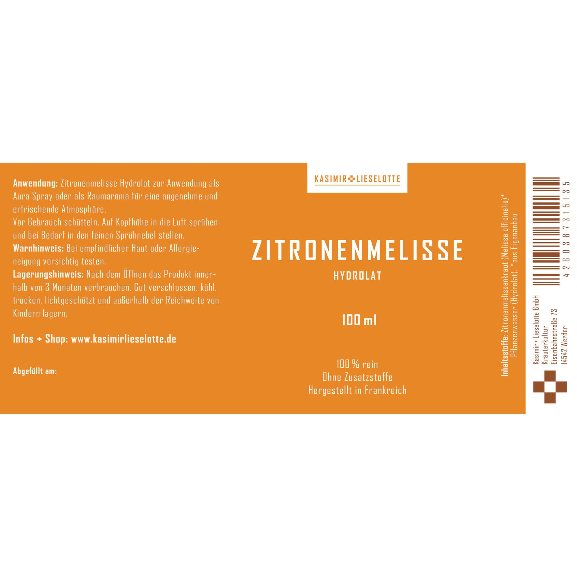 Zitronenmelisse, Hydrolat, 100 ml, Klarorange, Info & Shop