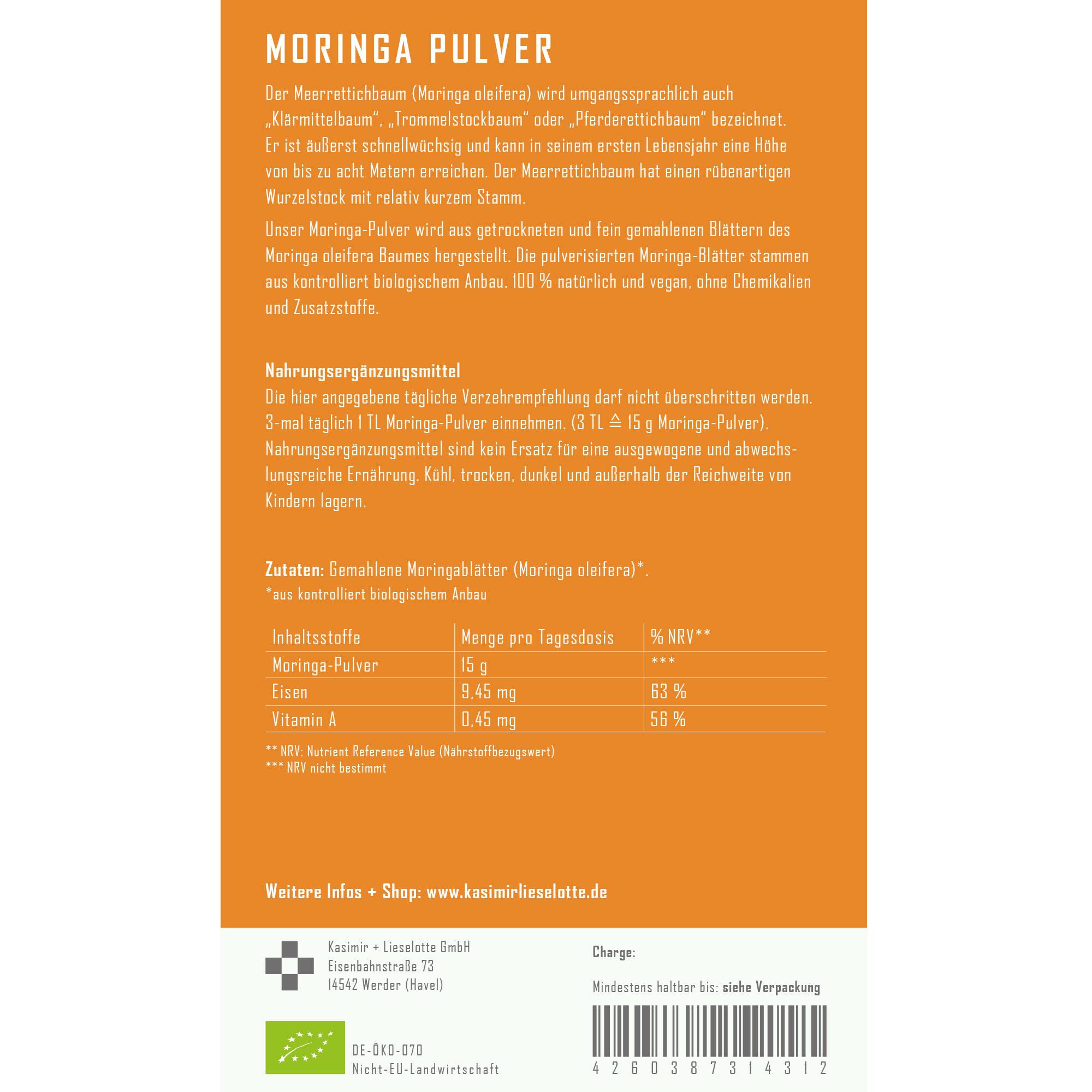 moringa powder, moringa leaf, organic, nutrition facts, label orange
