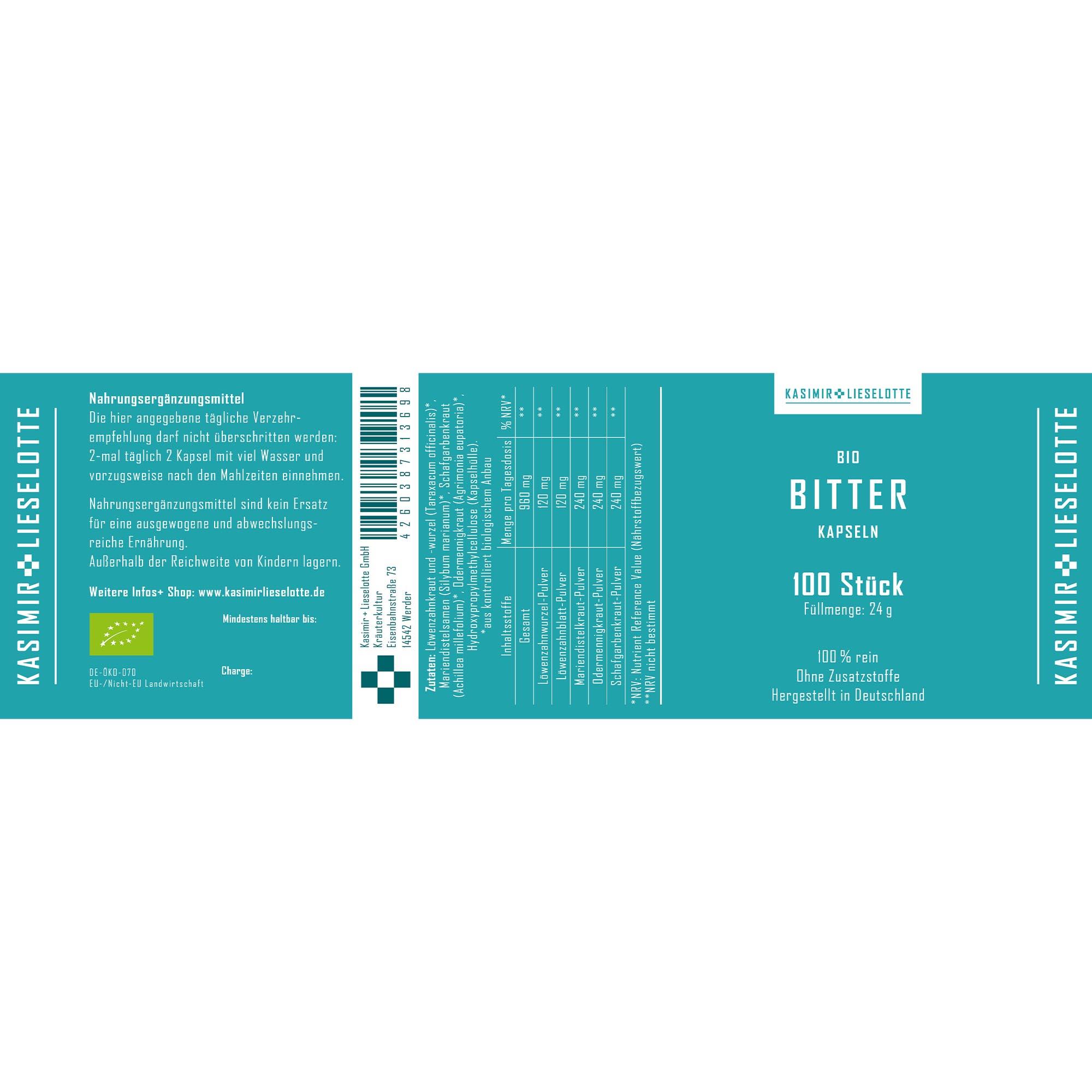 Bitter, Kapseln, Bio, Nahrungsergänzung, 100 Stück