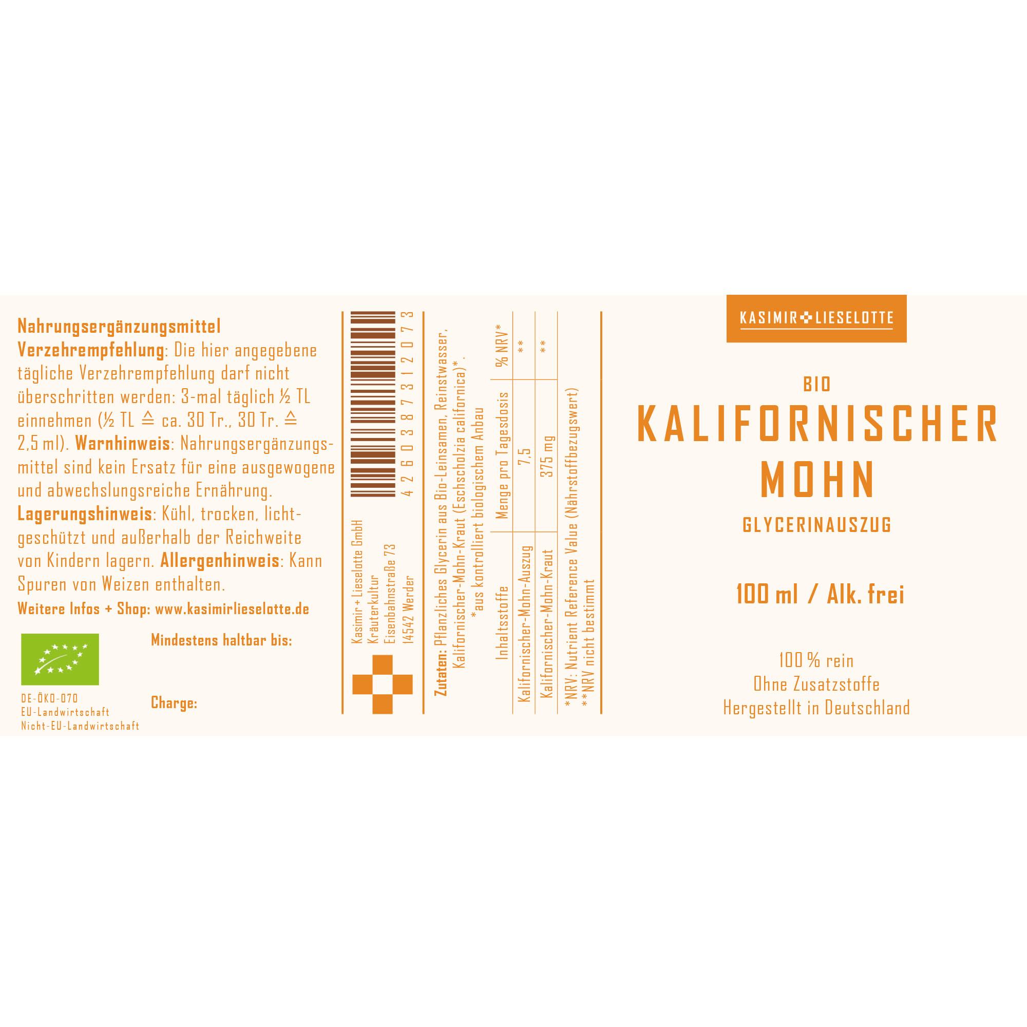 Kalifornischer, Mohn, Glyerin-Auszug, Bio, 100 ml