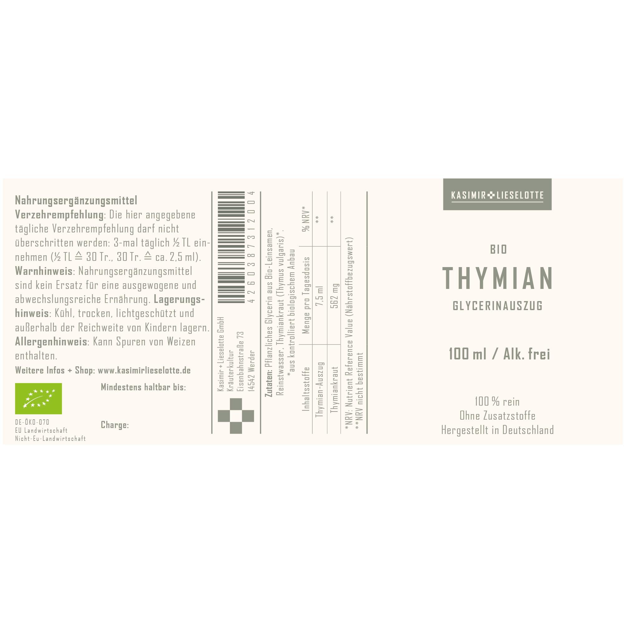 Thymian, Glycerinse Extract, Bio, 100 ml, Duftfrei