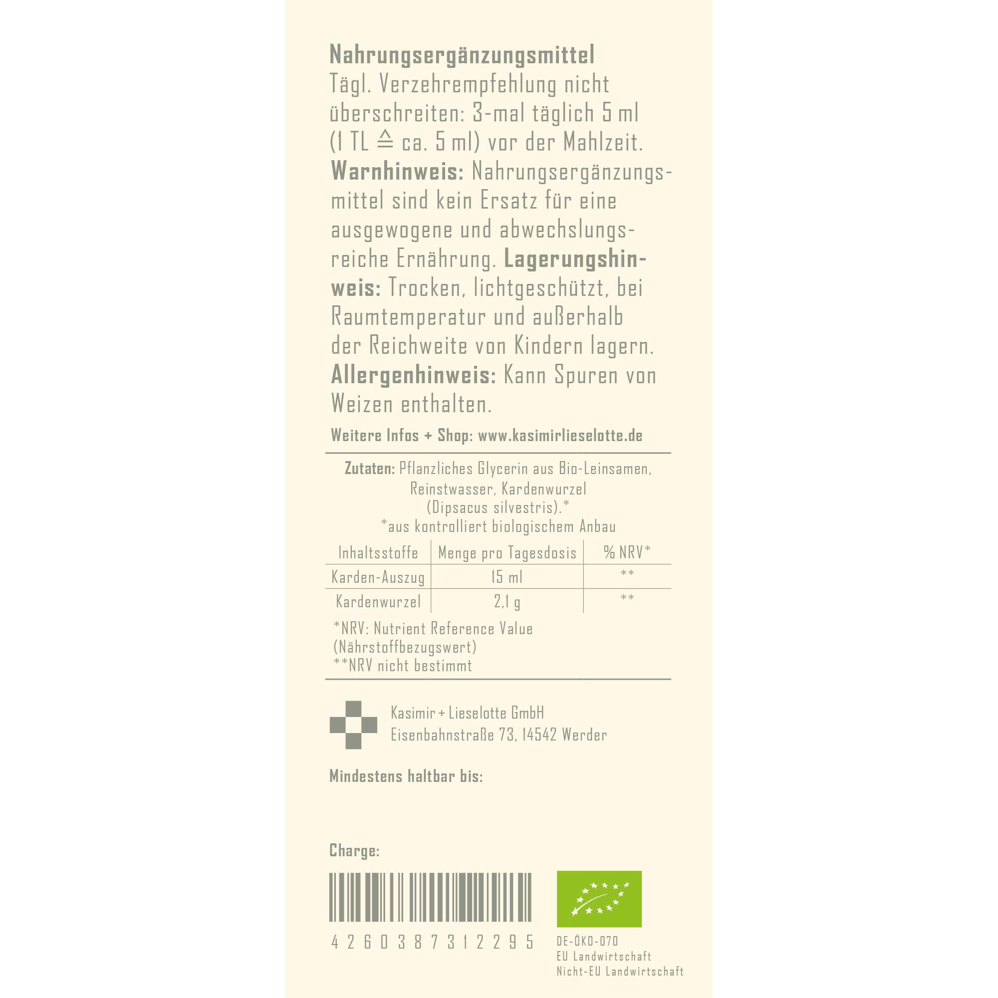 Nahrungsergänzung, Kardamwurzel, Kardemummalicht, Kornextrakt, Nährstoffangabe