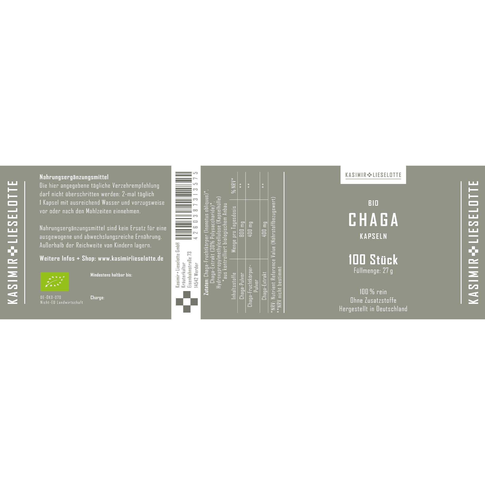 Kapseln, Bio, Chaga, Nahrungsergänzungsmittel, 100 Stück