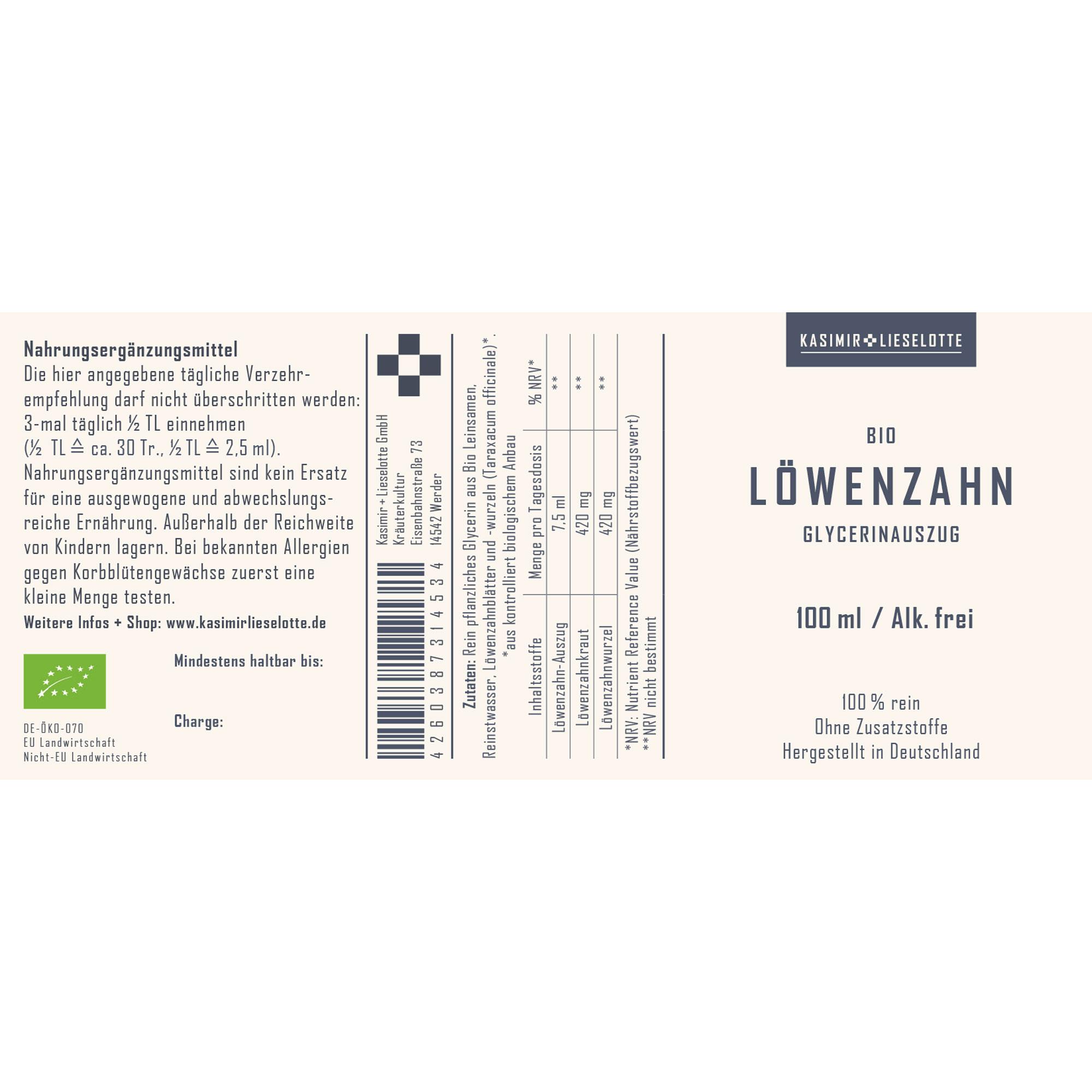 Bio, Löwenzahn, Glycerin-Auszug, 100 ml, Hergestellt in Deutschland