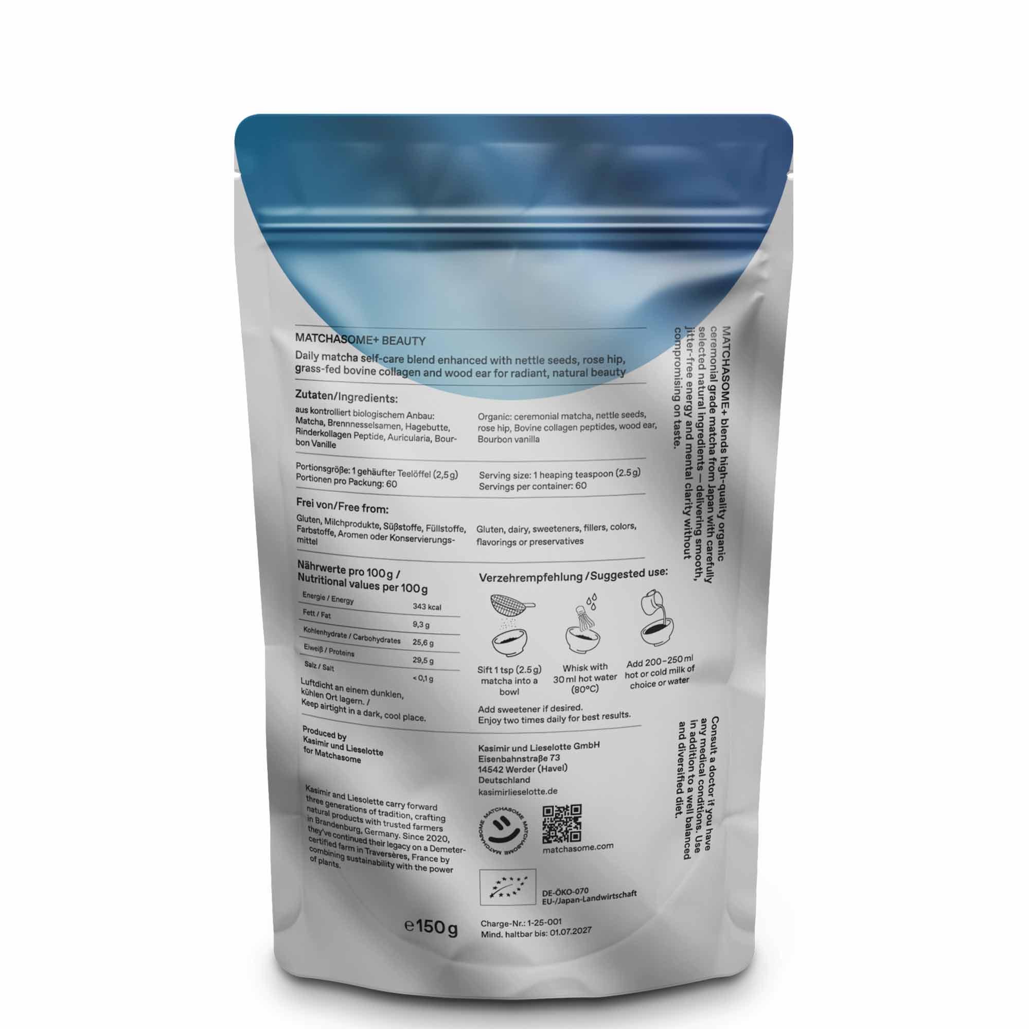 tee, matcha, beutel, tasche, folienverpackung, teebeutel, tee, verpackung, beutel, etikettierung,  Teas, Matcha, Packaging, Rückseite Etikett, 150 g