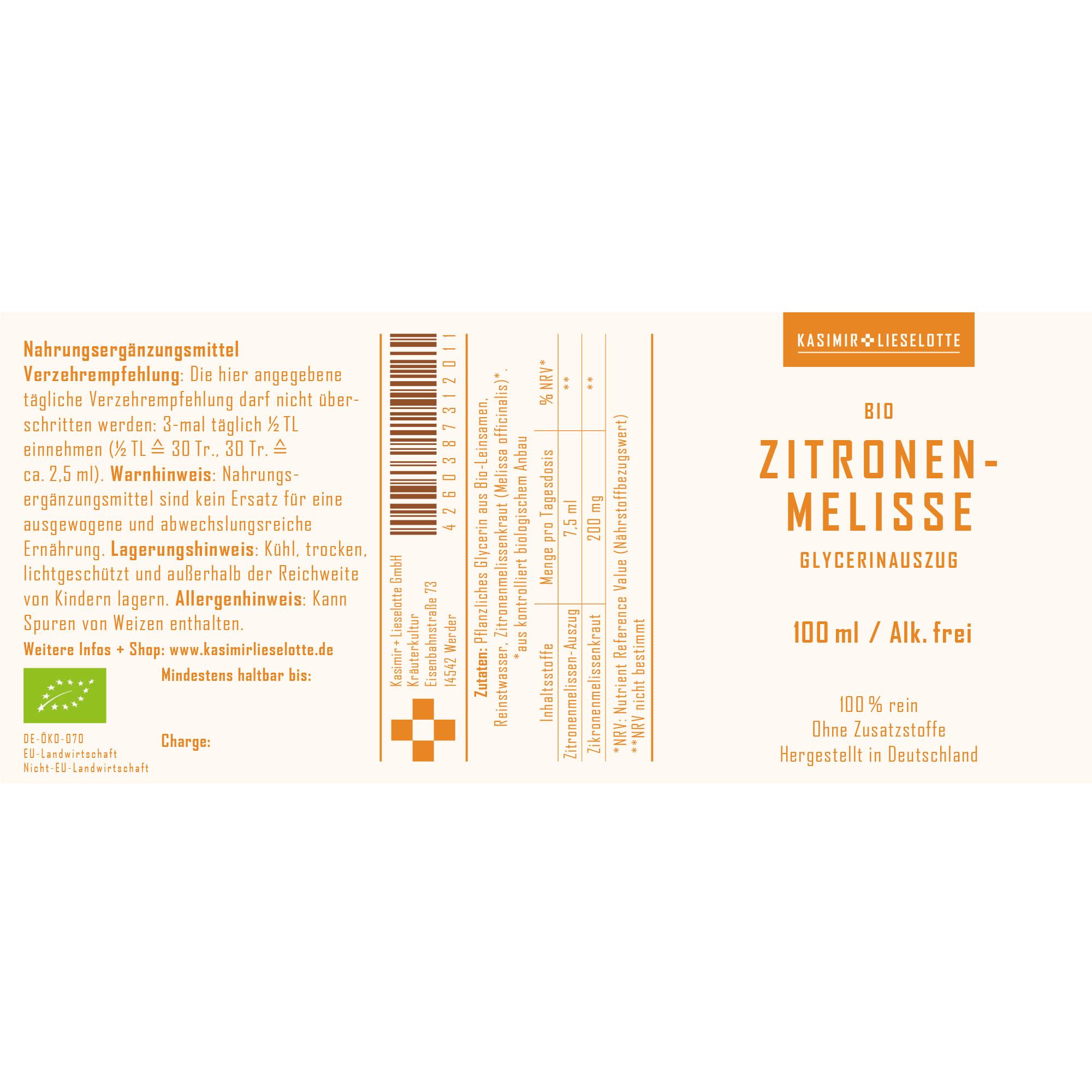 Zitronenmelisse, Glycerinextrakt, Bio, 100 ml, Alkfrei