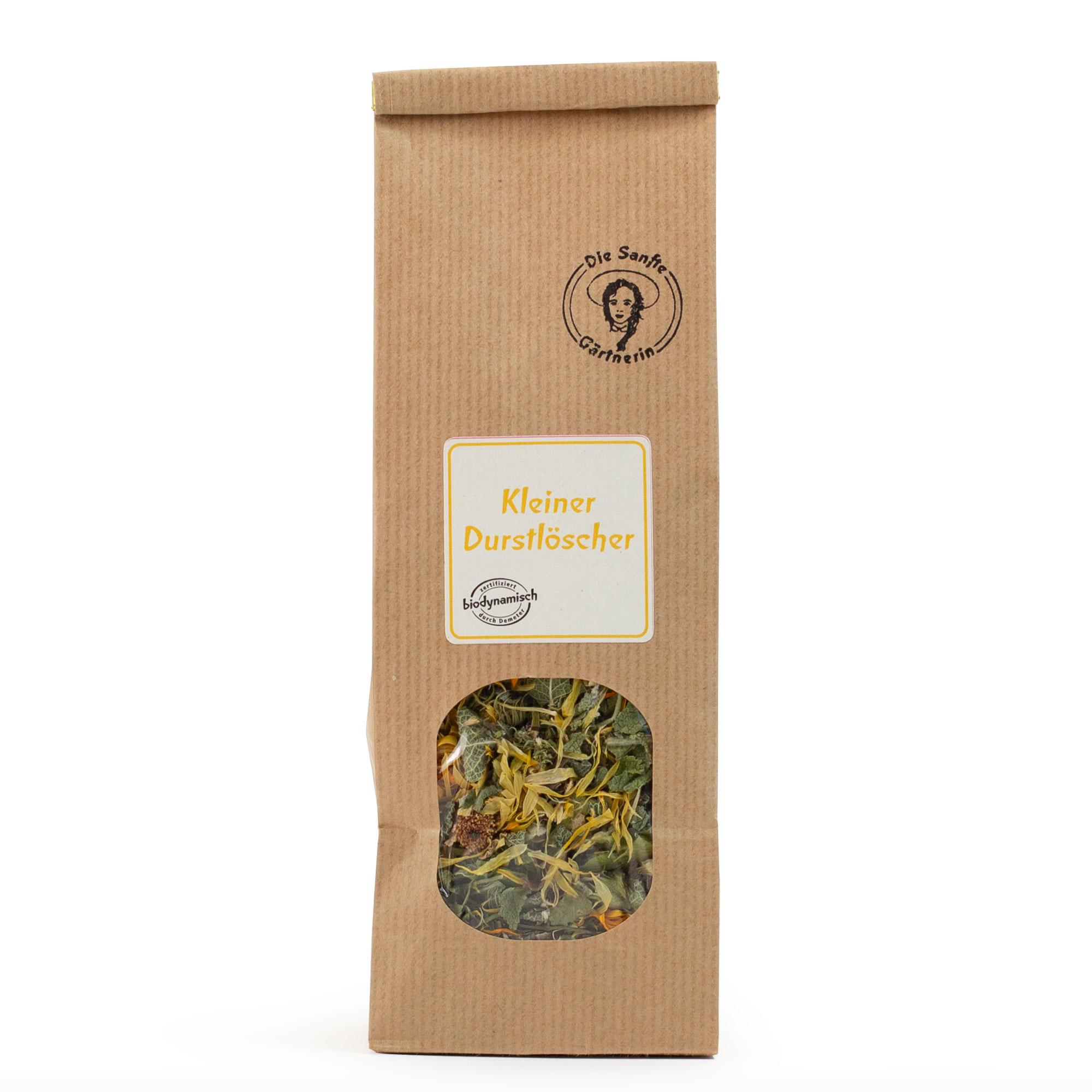 Kräutertee, Kleiner Durstlöscher, Tee-Blüten, getrocknete Kräuter, Bio-Label