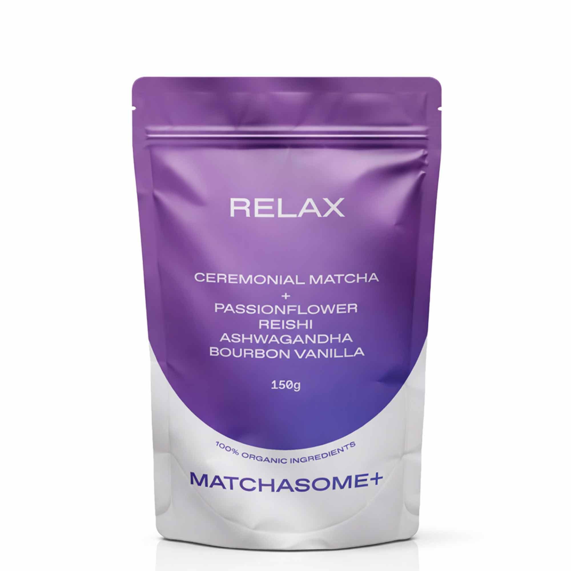 matcha, tee, packung, lila, organische zutaten, Matcha, Ceremonial Matcha, Bourbon Vanilla, Relx, 150g