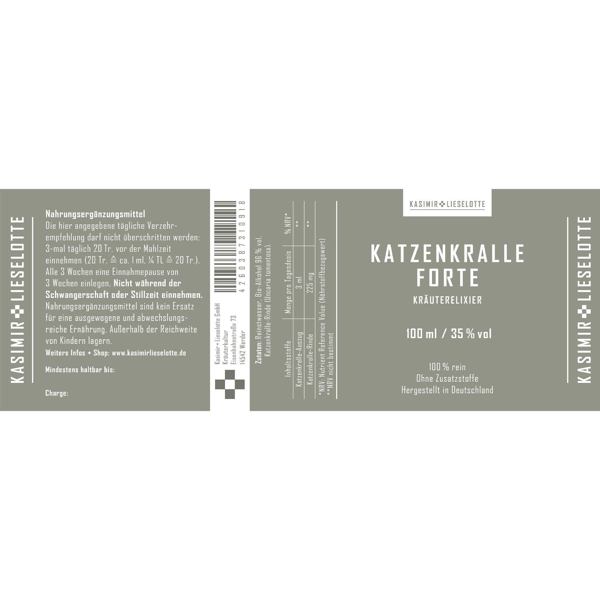 Katzenkralle Forte, Kräuterlixir, Nahrungsergänzungsmittel, 100 ml, 35% vol