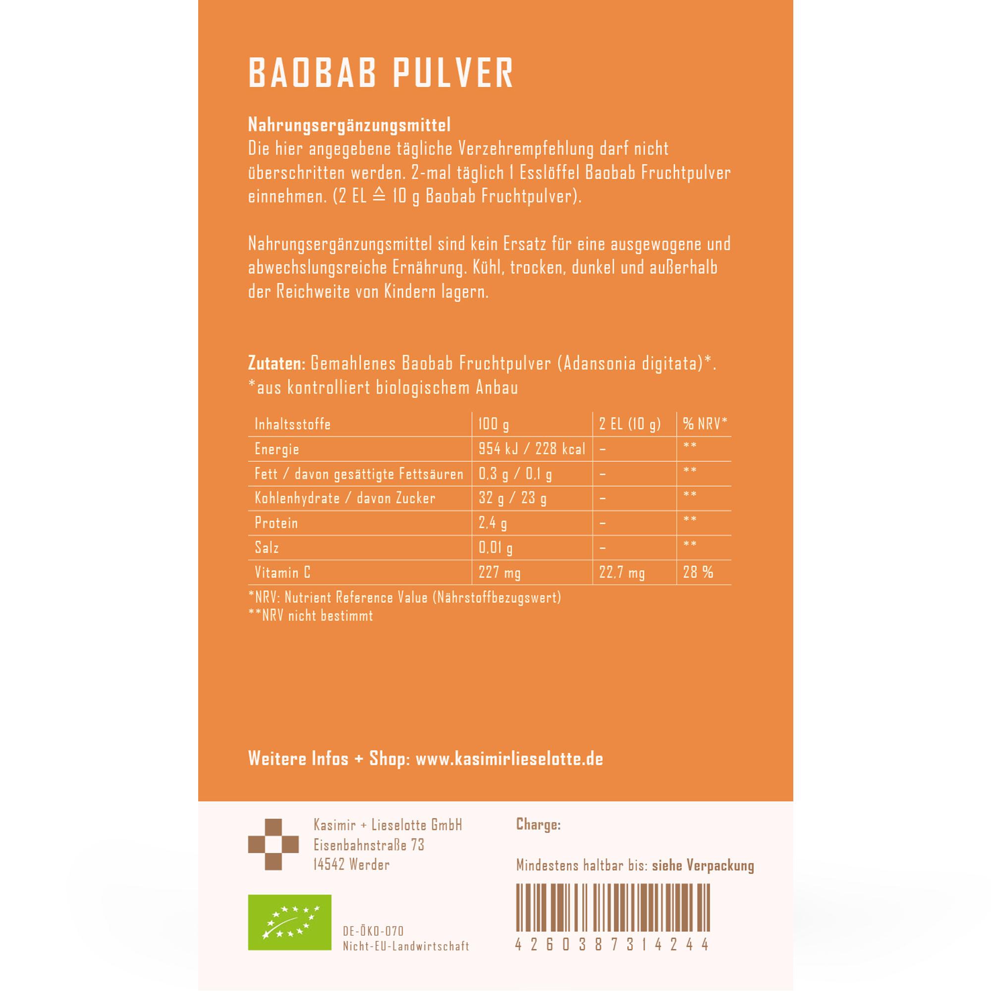 Baobab powder, Baobab Fruchtpulver, Nahrungsergänzung, Orangene Farbe, Zutaten: Baobab