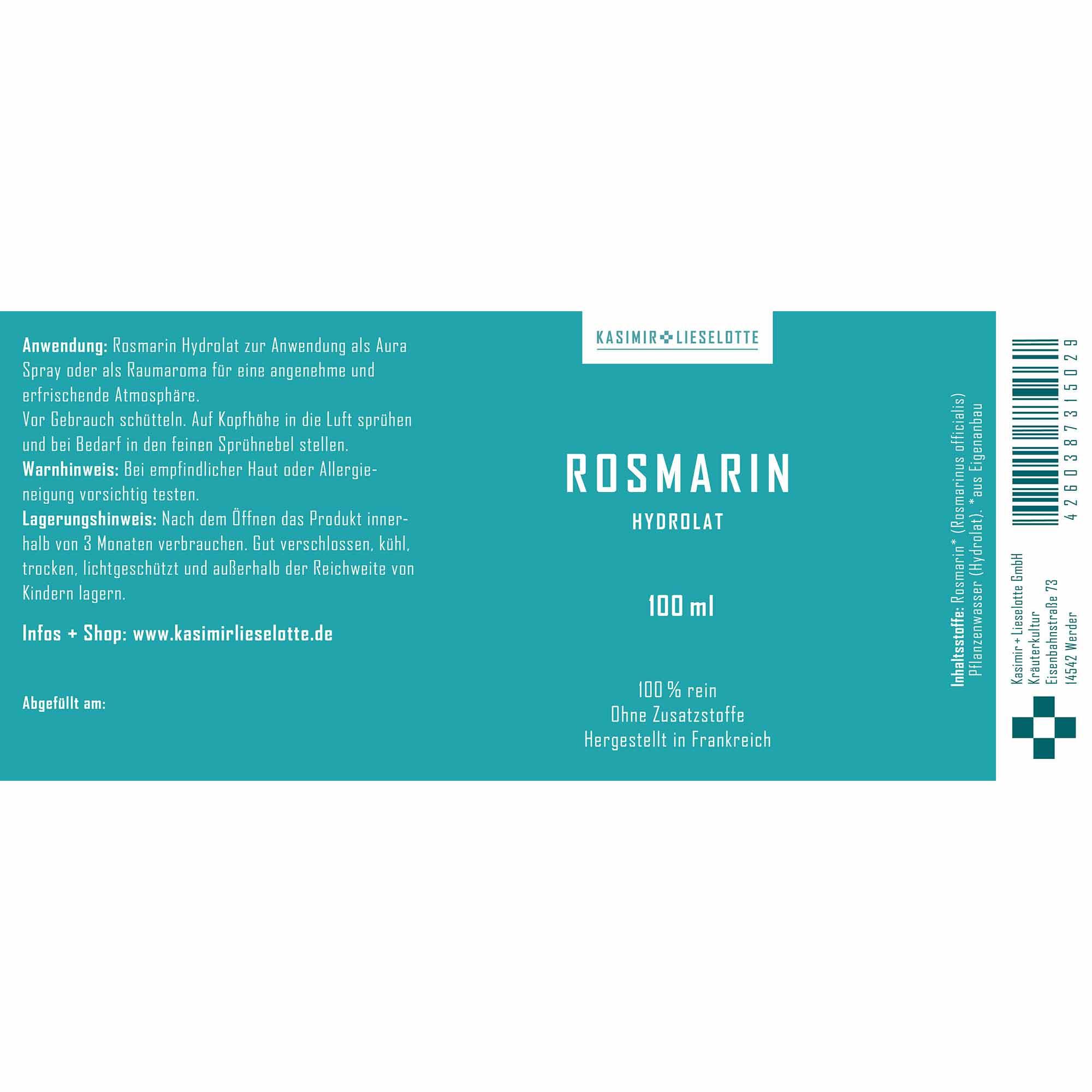 Rosmarin, Hydrolat, 100 ml, Flasche, Türkises Etikett