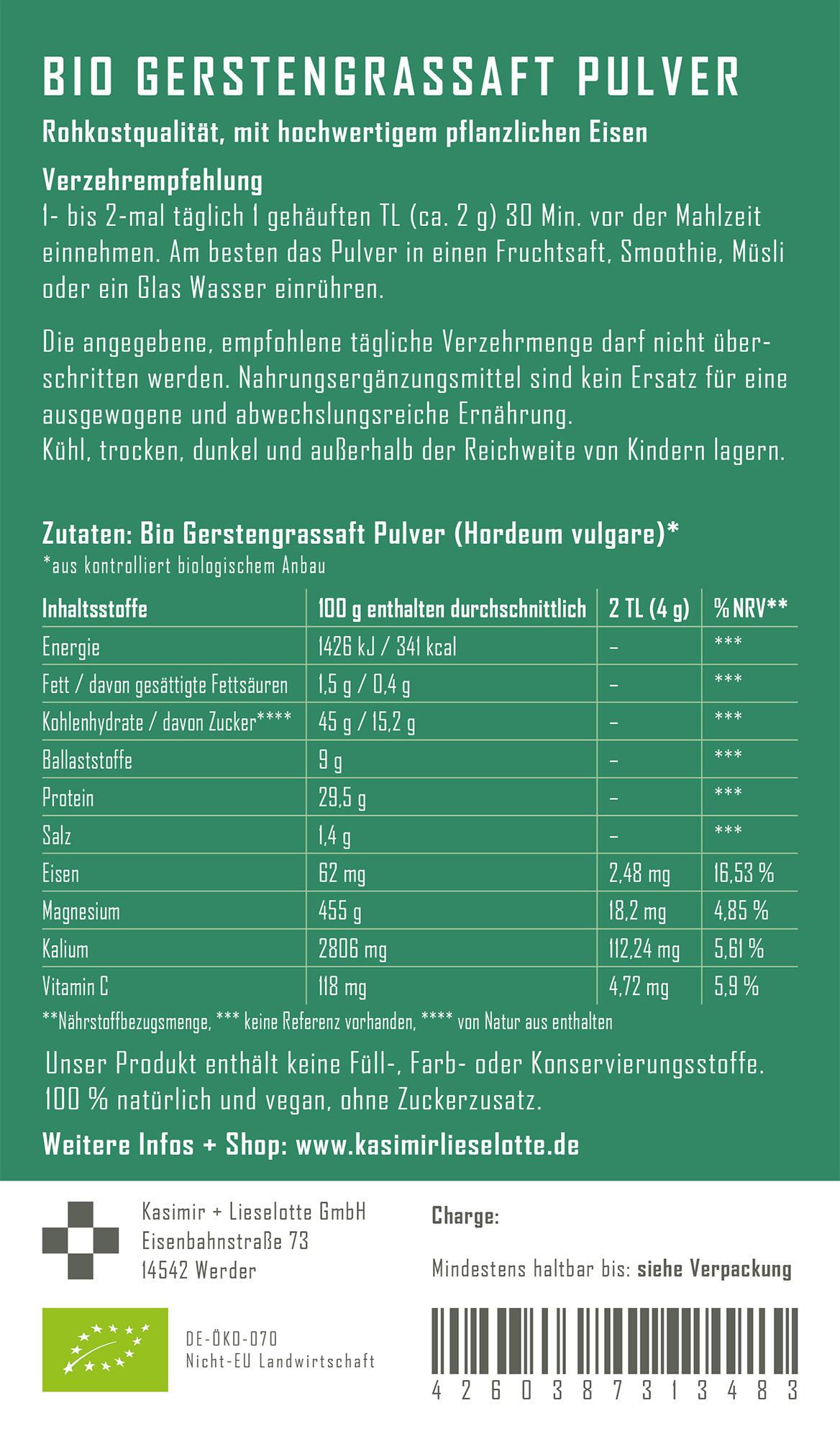 Bio Gerstengras­saf­f Pulver, Gerstengras Pulver, Hordeum vulgare, Zutaten Bio, Nährwerte 100 g