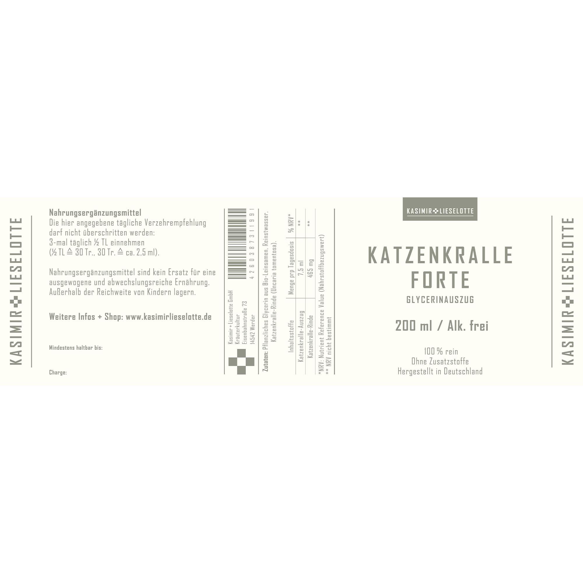 Katzenkralle Forte, Glycerinextrakt, 200 ml, alkoholfrei, Made in Germany