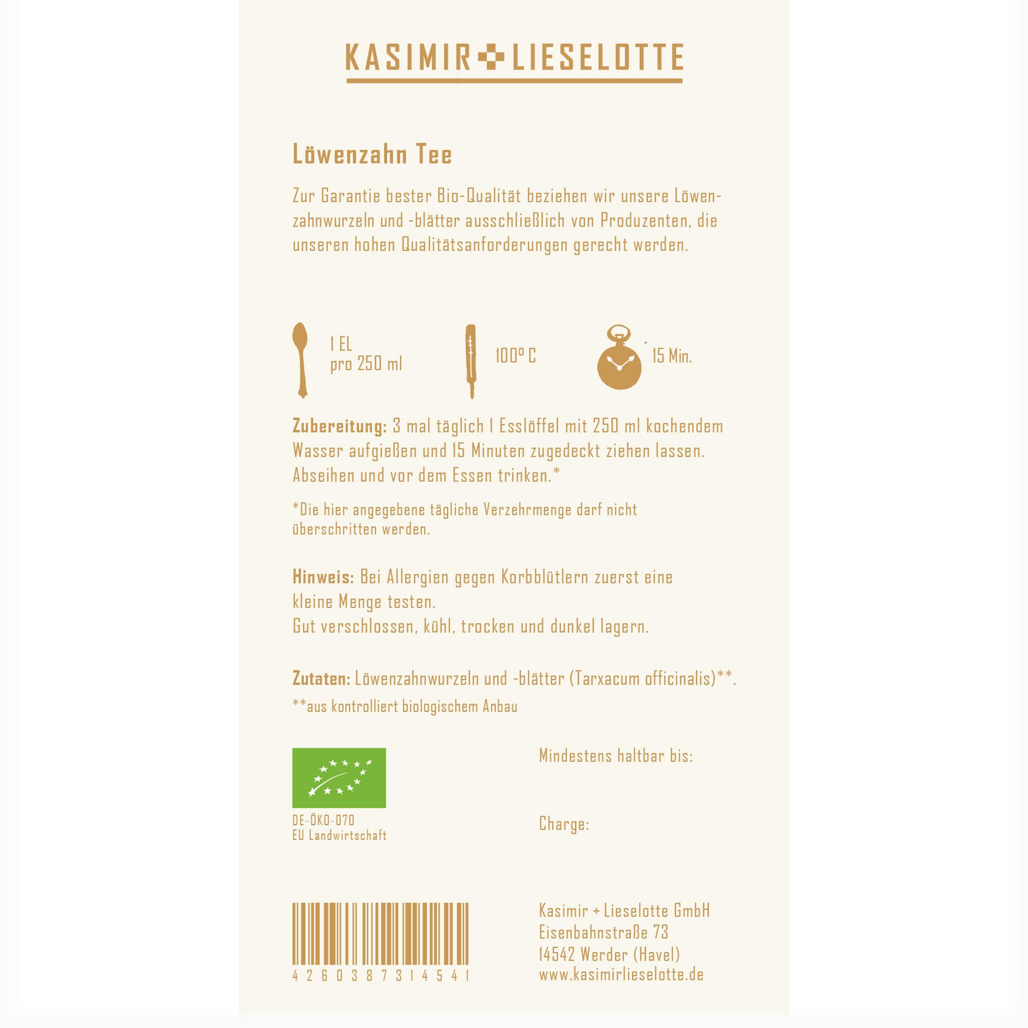 Löwenzahn Tee, Kräutertee, Bio-Qualität, Zutaten: Löwenzahnwurzeln, EU-Bio-Label