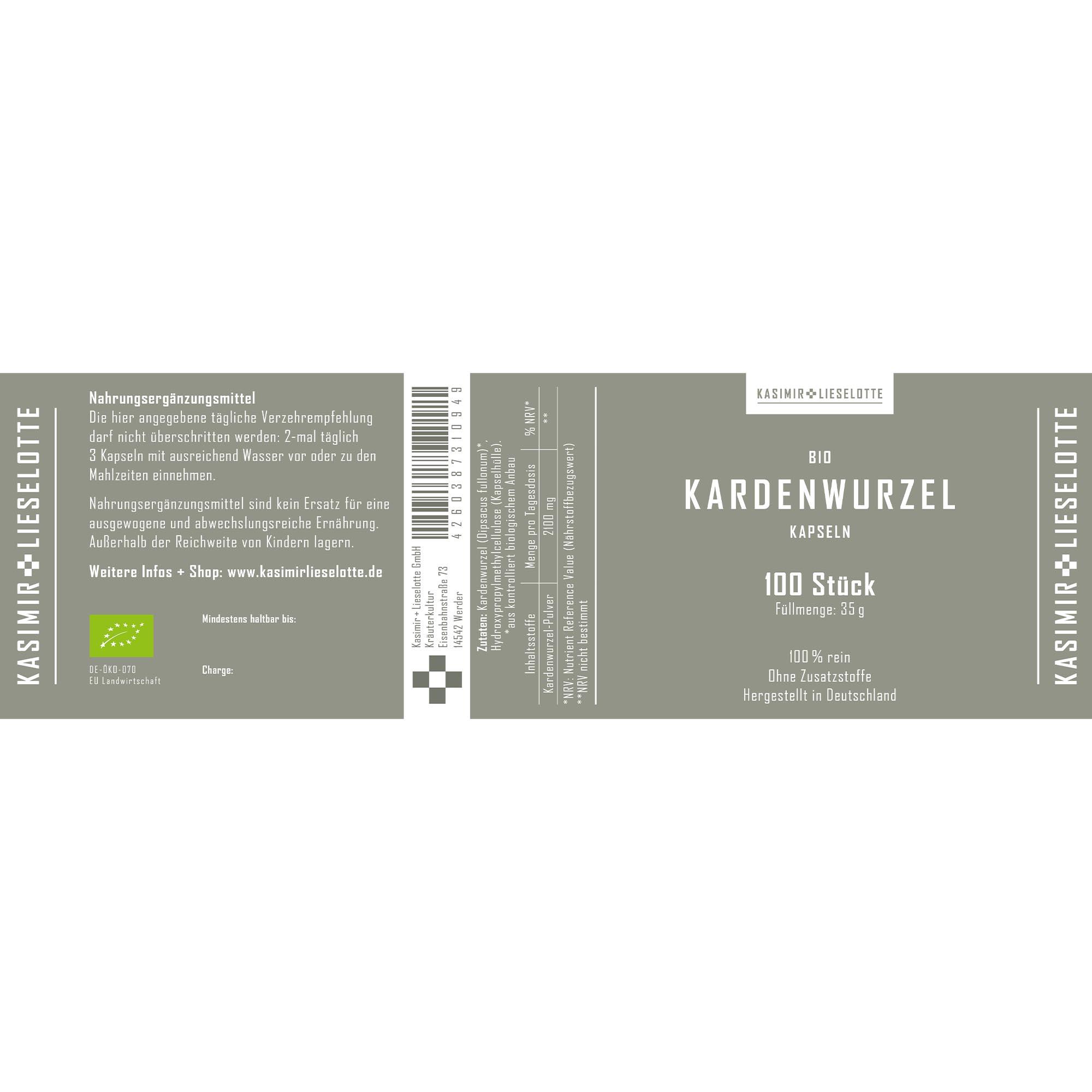 kapseln, bio, kardewurzel, 100 stück, vollmenge 35 g
