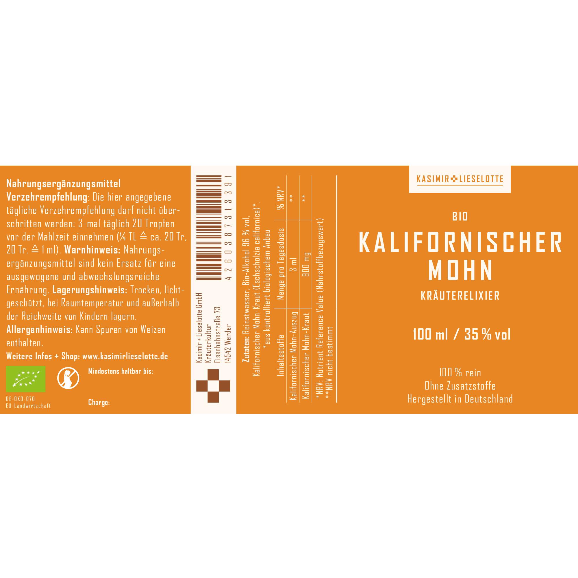 Kalifornischer Mohn, Kräuterlikör, Bio, 100 ml, Getränkeflasche