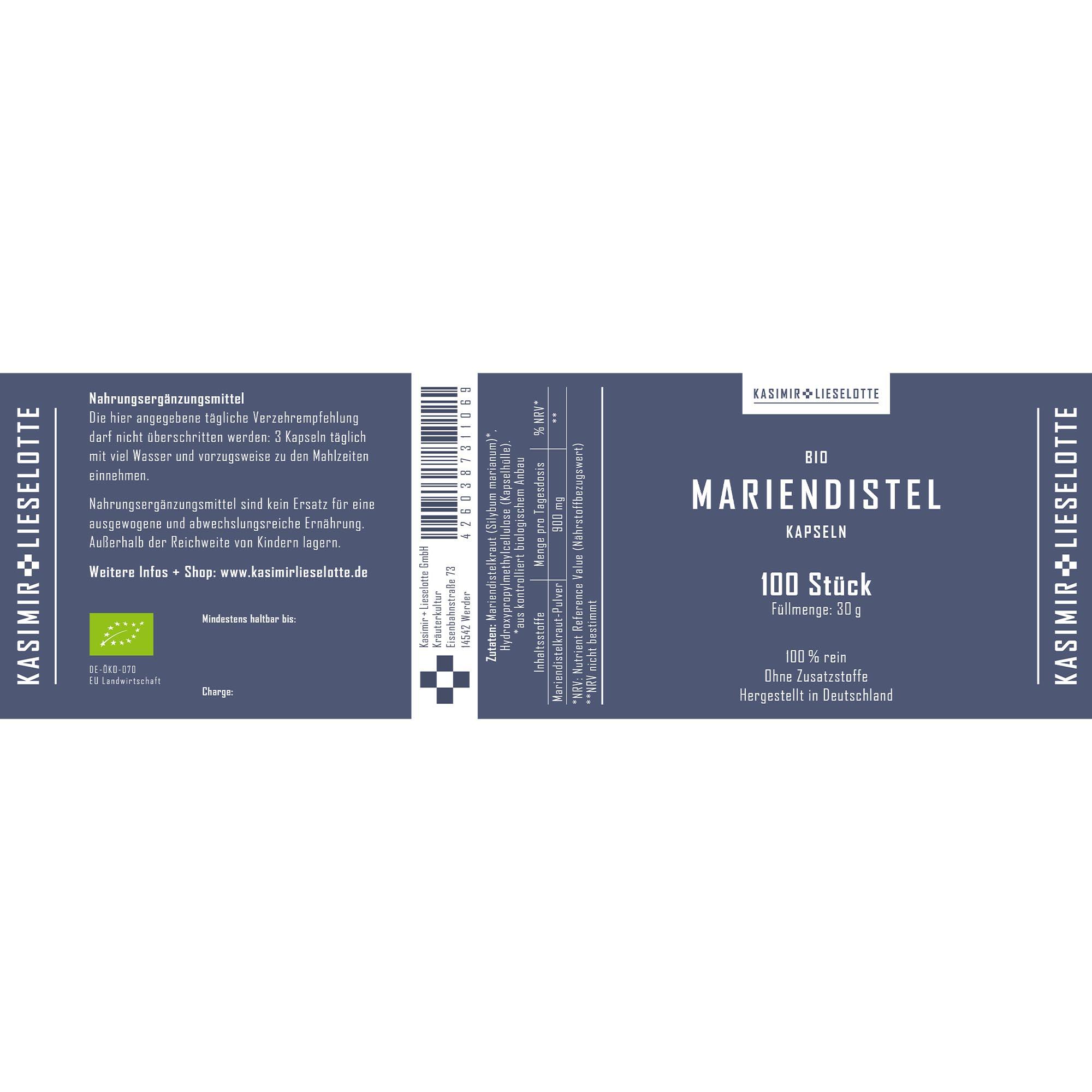 Bio, Kapseln, Marienstile, 100 Stück, 30 g
