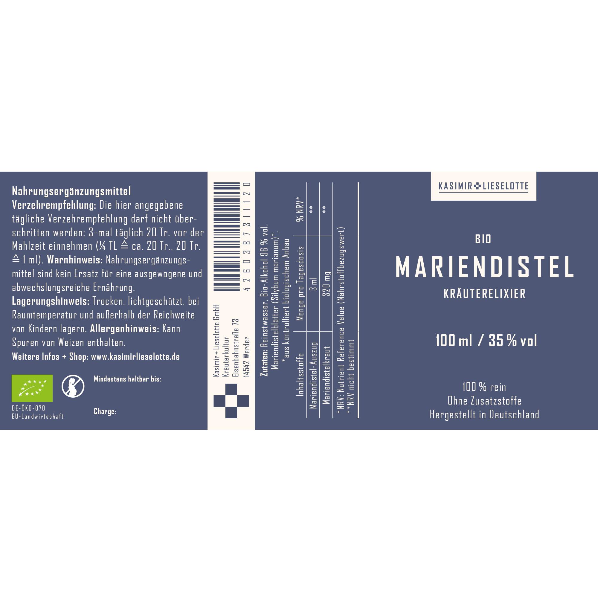 Bio, Mariendistel, Kräuterelixier, 100 ml, 35 % vol