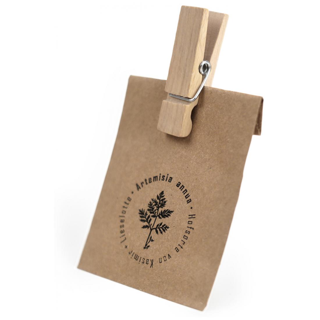 Kleidungsetikett, Holzklammer, Korkkarton, Baumblatt-Logo, Naturfaser