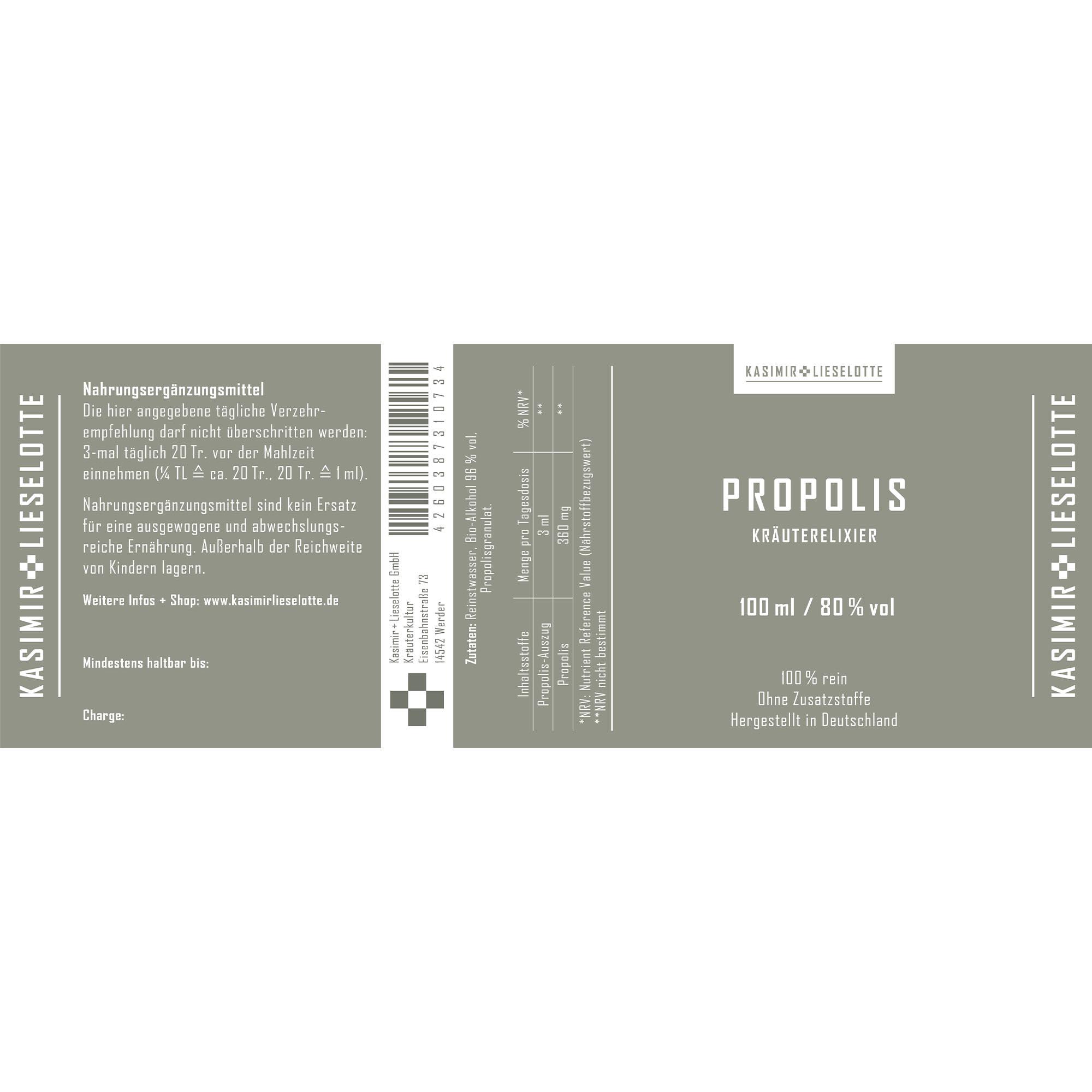 propolis, kräuterelixier, flasche, 100 ml, 80% vol