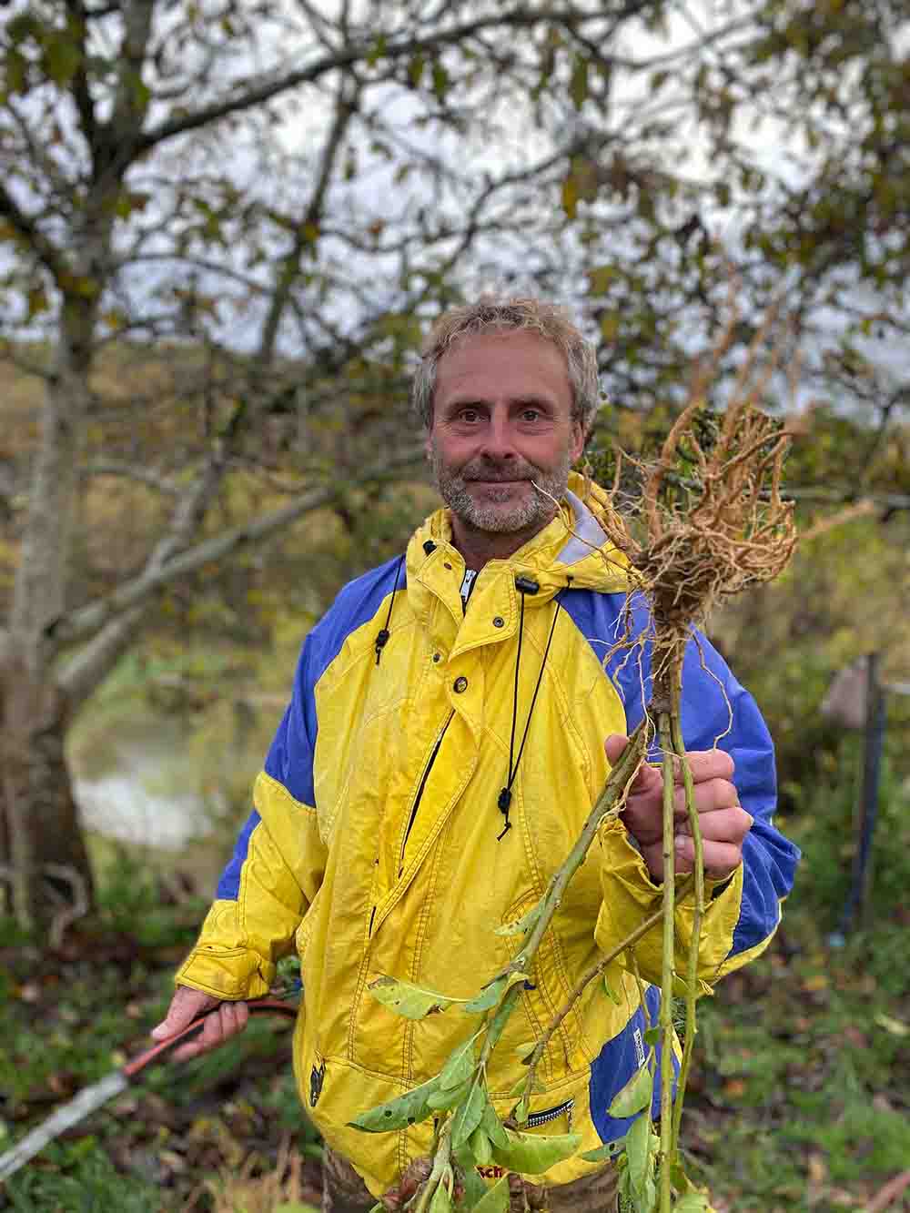 Hof-Dezember1 Markus Gütler gelbe Jacke Ashwagandawurzel garten