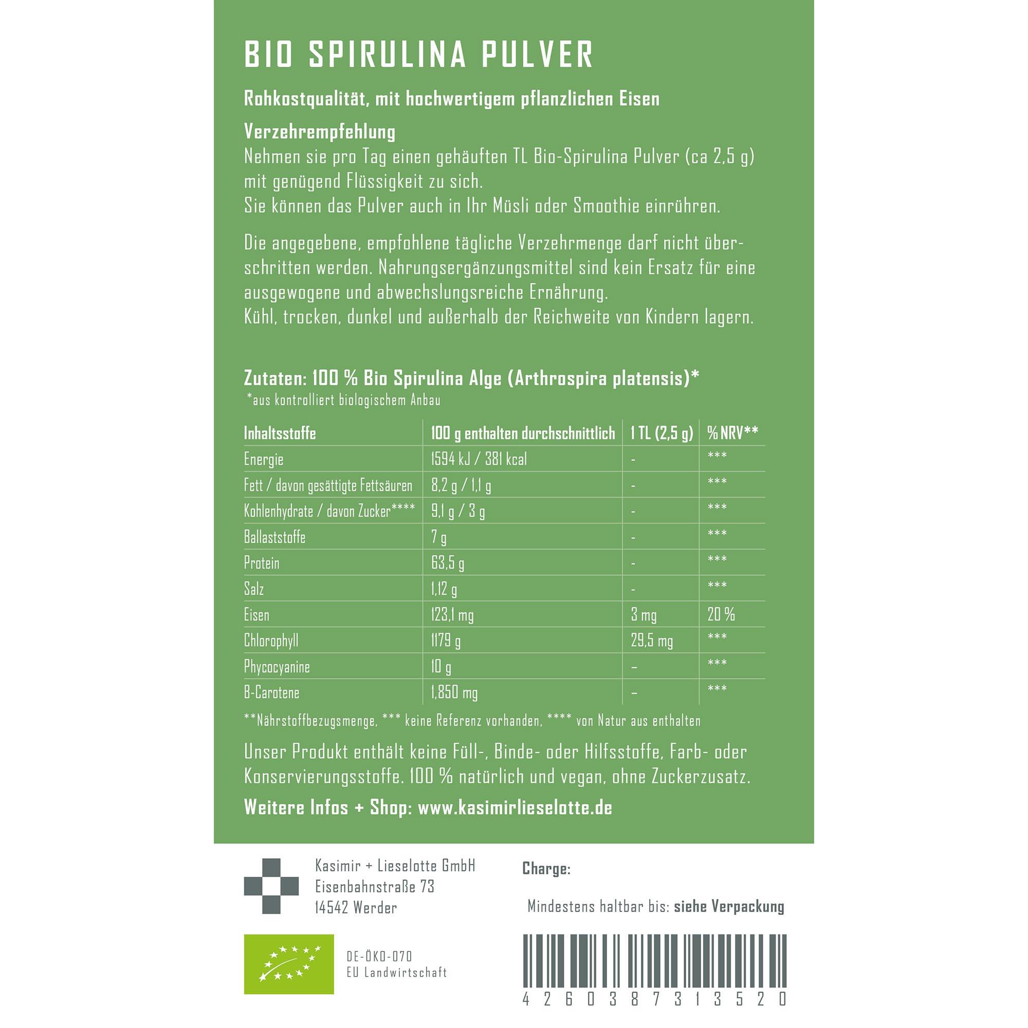 Spirulina Pulver aus Deutschland Bio 180 g
