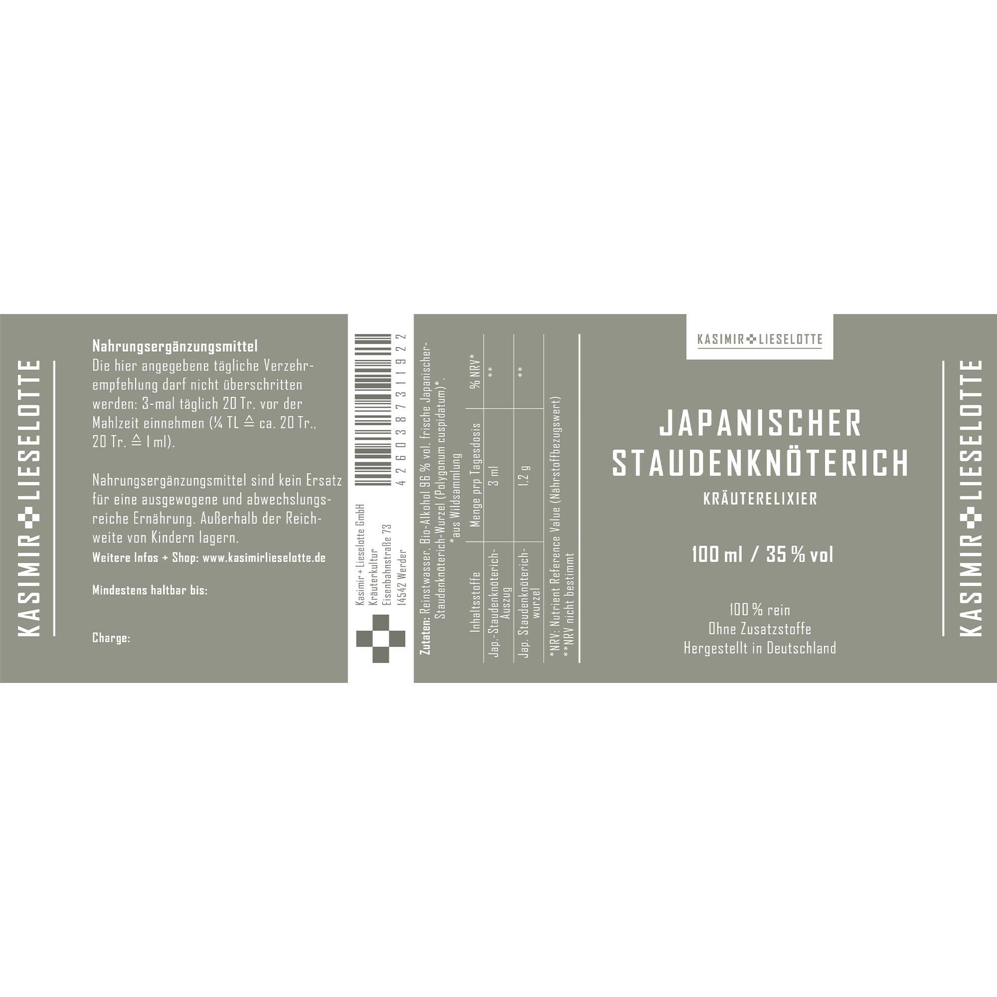 kräuterelixier, japanischer, staudenknöterich, flasche, etikett