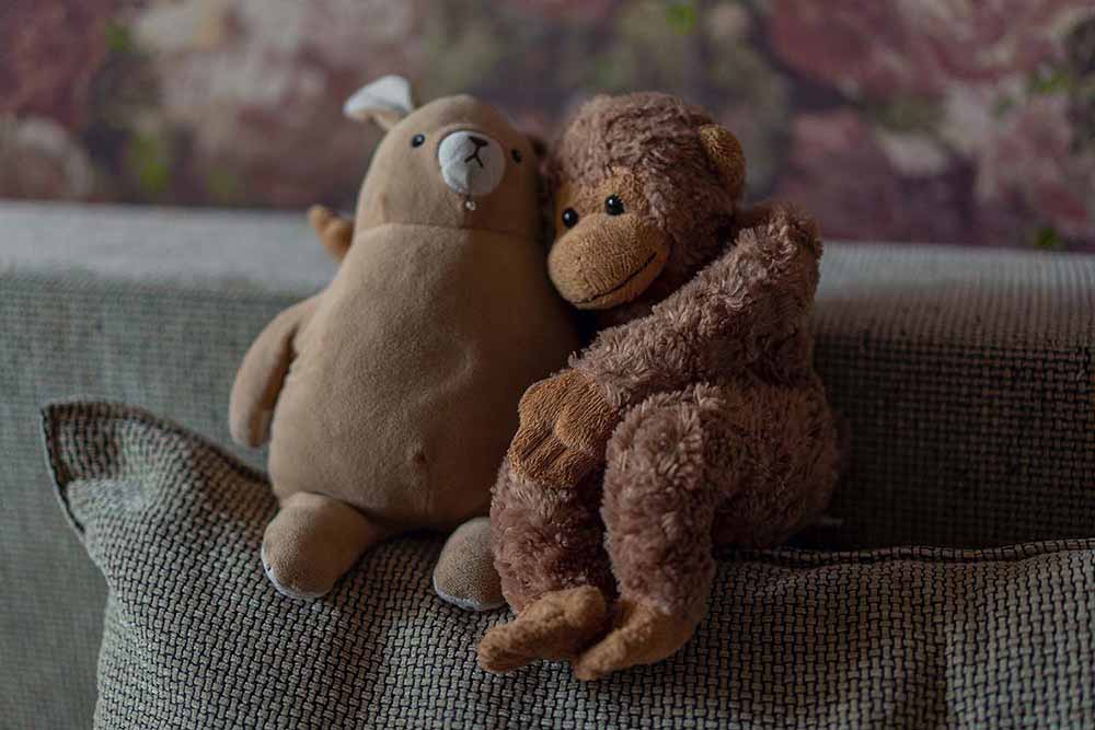 Kuscheltiere-Kinder Zwei Kuscheltiere auf auf einer Couch