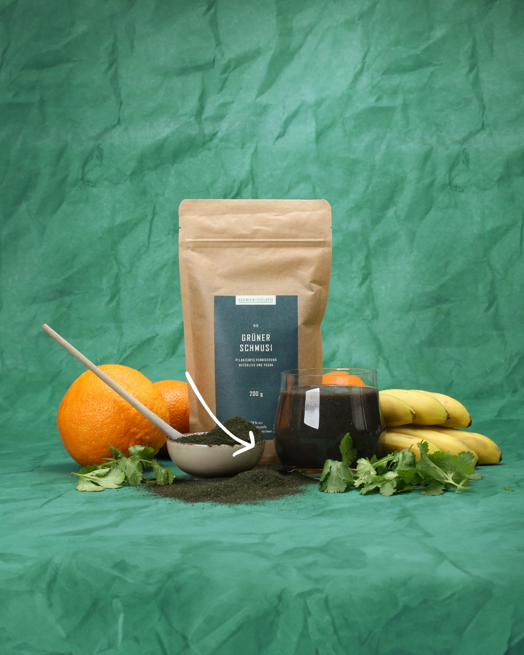 Grünes Pulver, Bio-Produkt, Getreide?, Obst,  Banane?