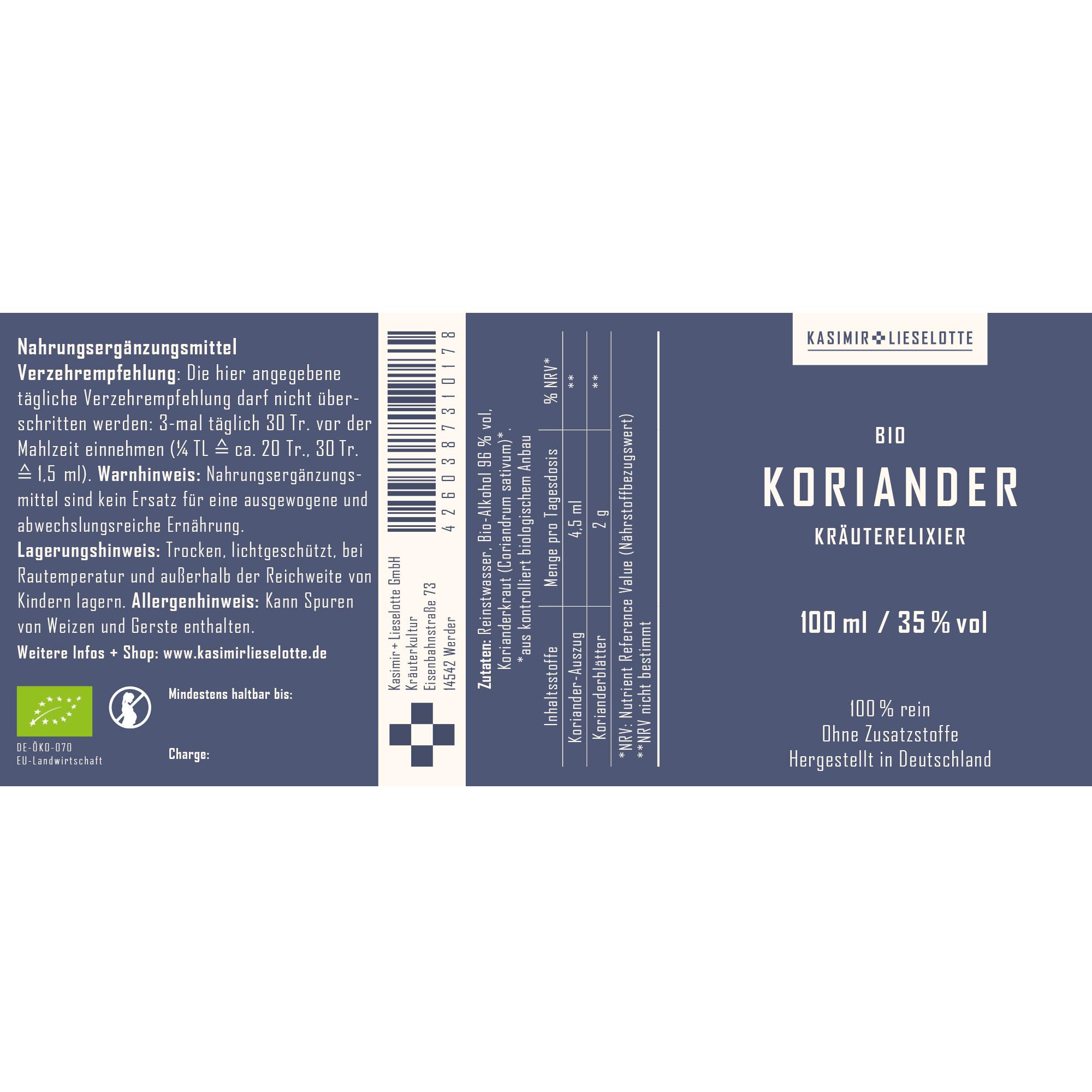 Koriander, Kräuter, Bio, 100 ml, Elixier