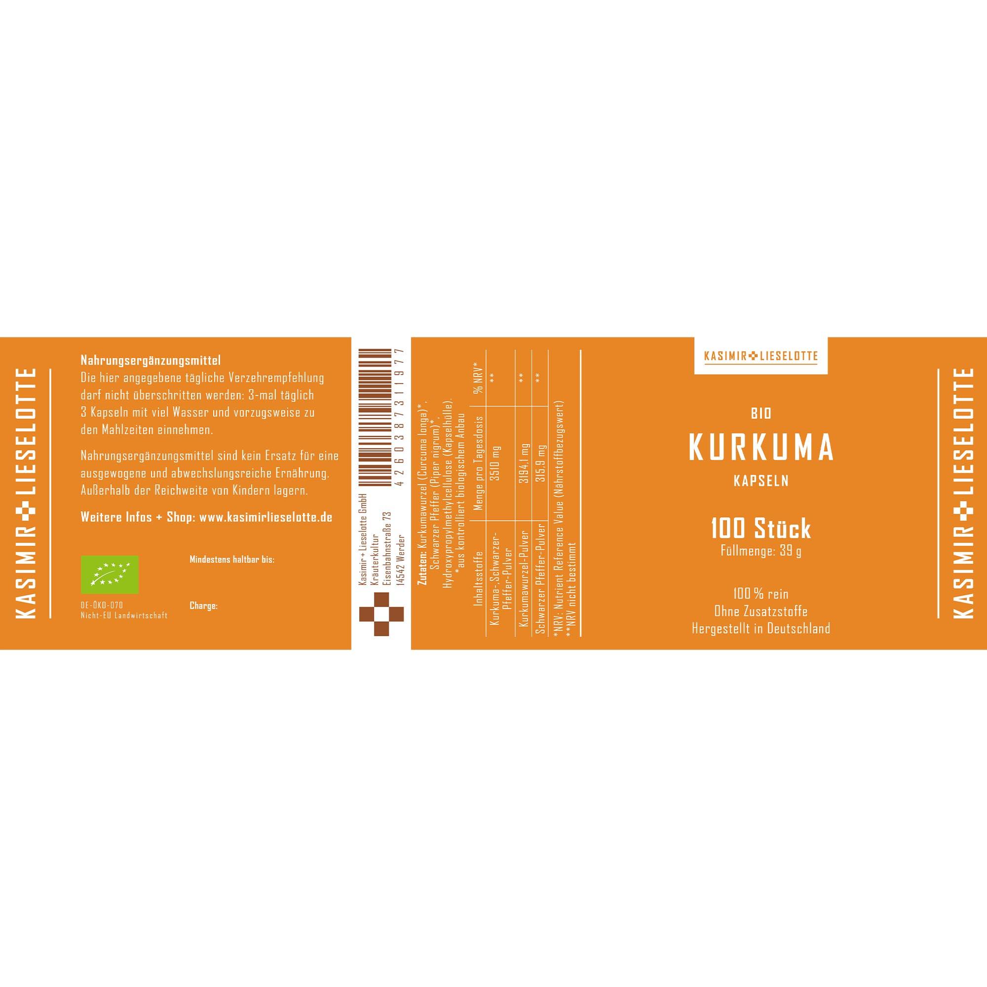 Kurkuma, Kapseln, Bio, 100 Stück, Vollmenge: 35 g