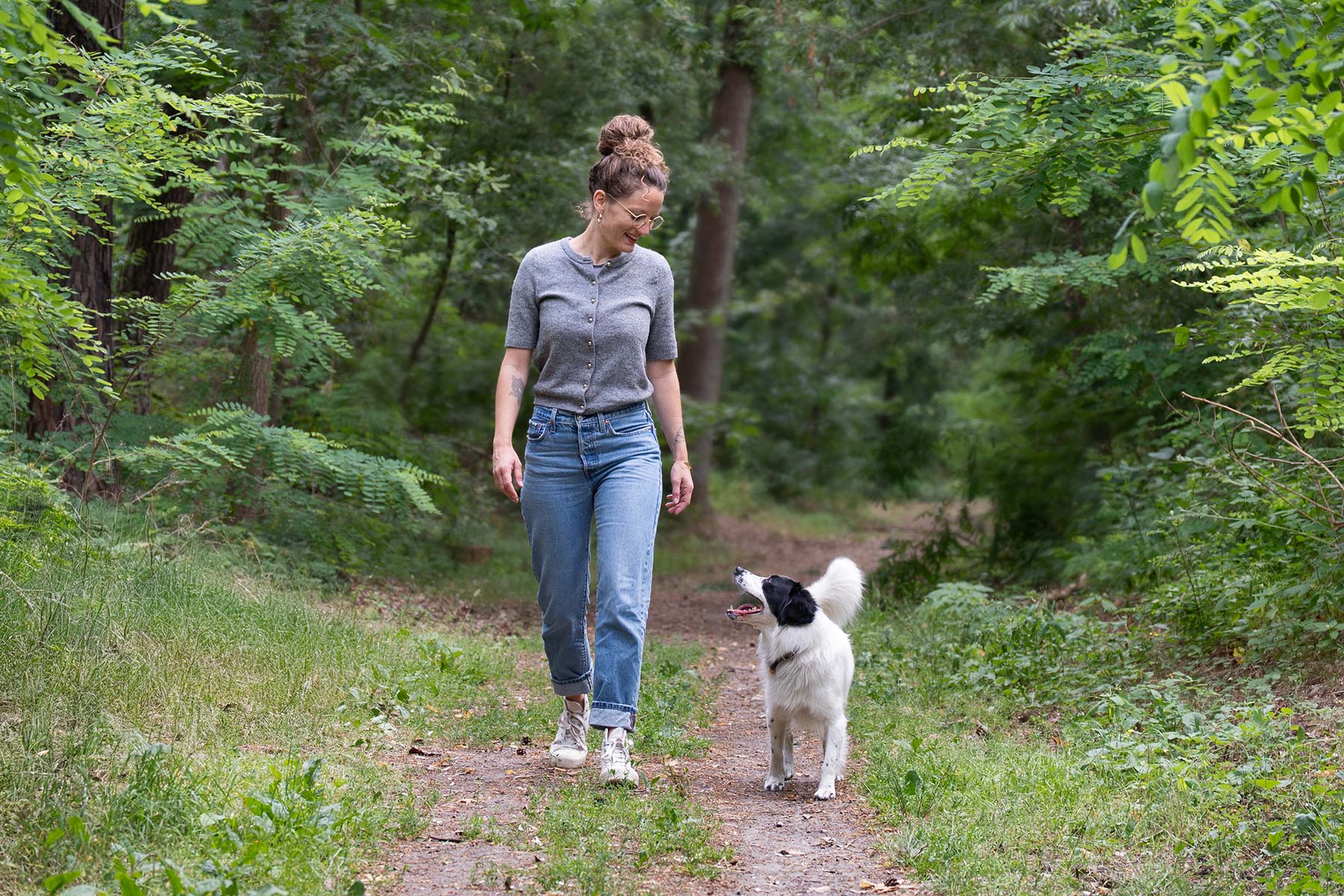 Mensch mit Hund mit Zeck Zack Spray im Wald Mensch mit Hund mit Zeck Zack Spray im Wald