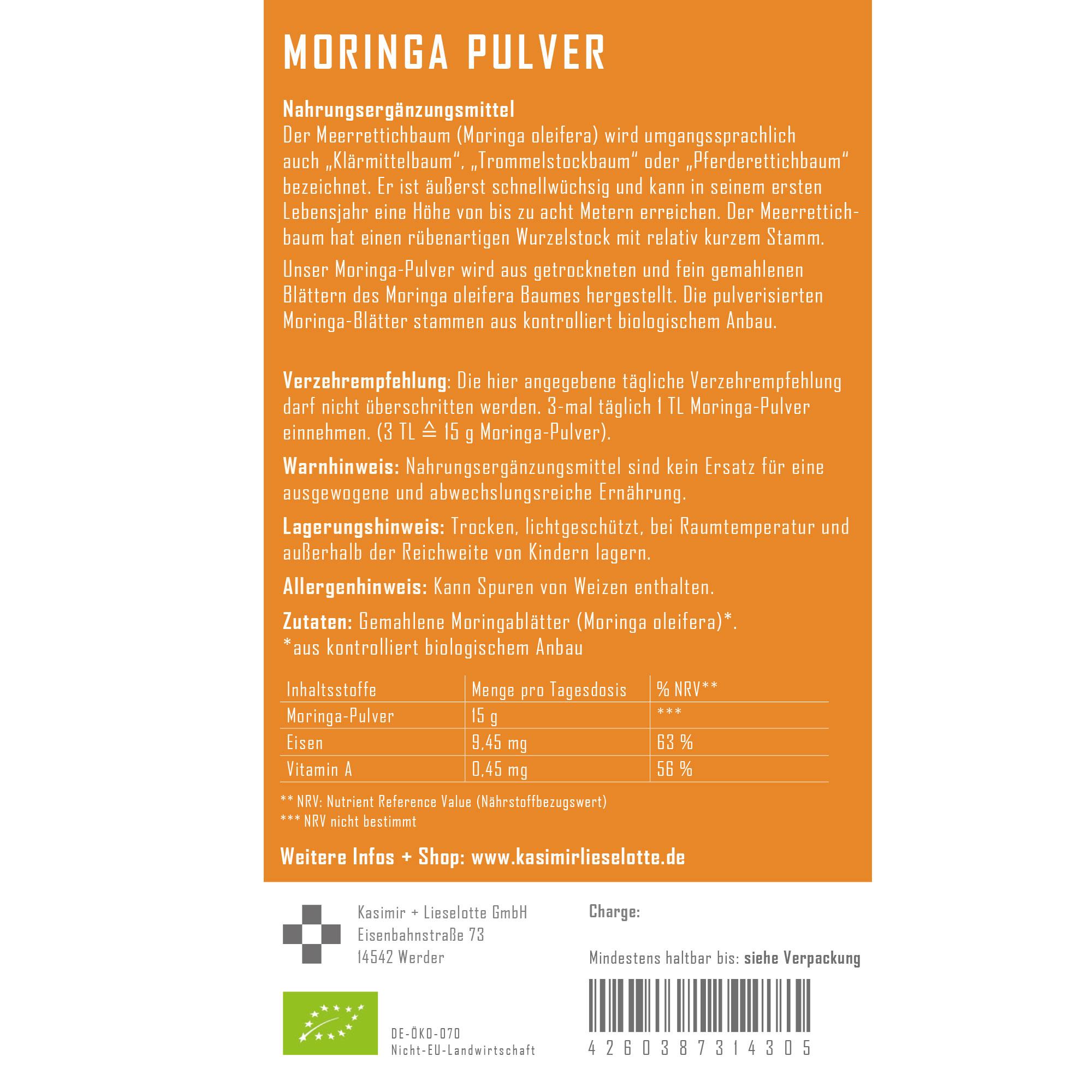 moringa-Pulver, Moringa-Blätter, Nahrungsergänzungsmittel, Pulver, organisch