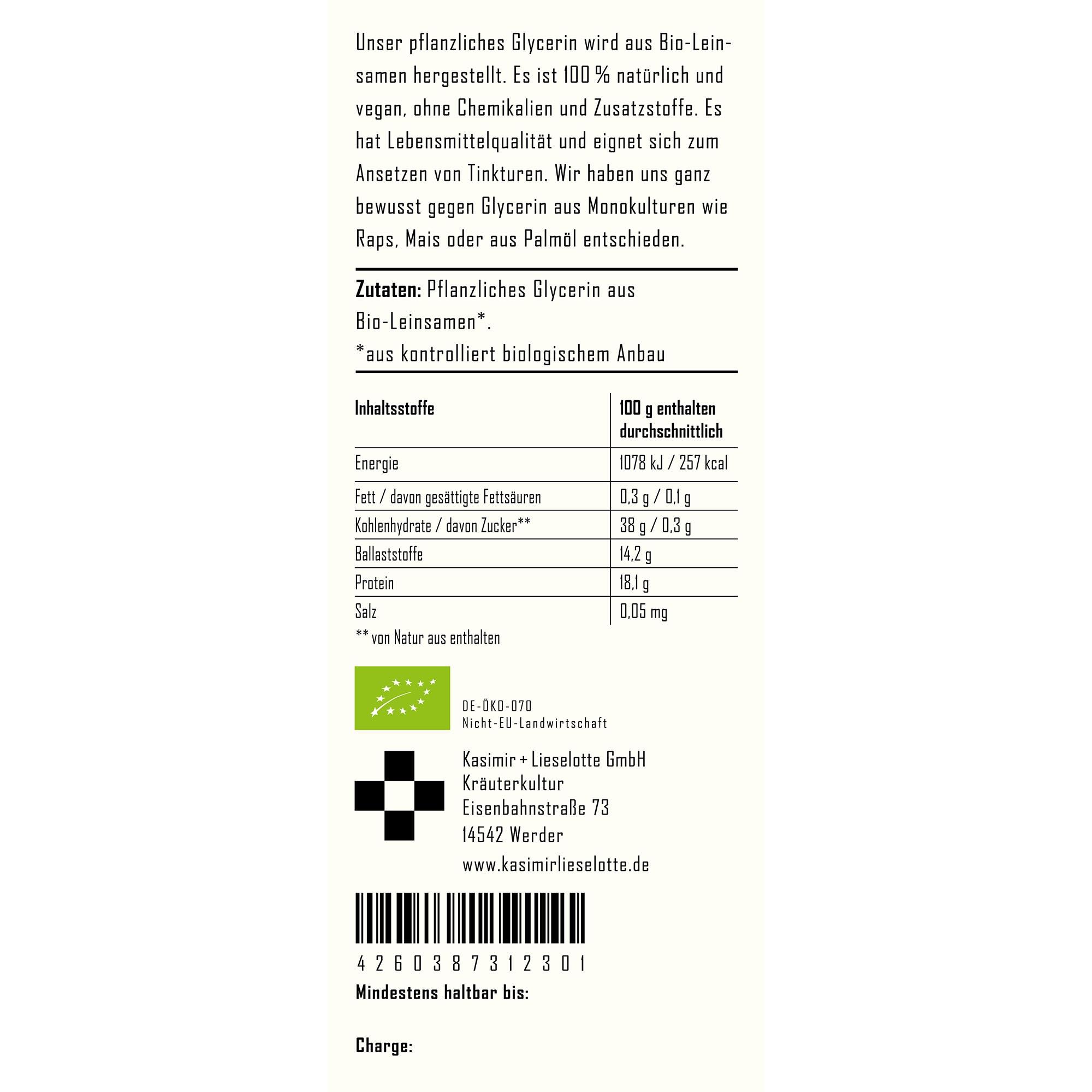 Glycerin, Bio-Leinsamen, Vegetarisch, Inhaltsstoffe, Nährwerte