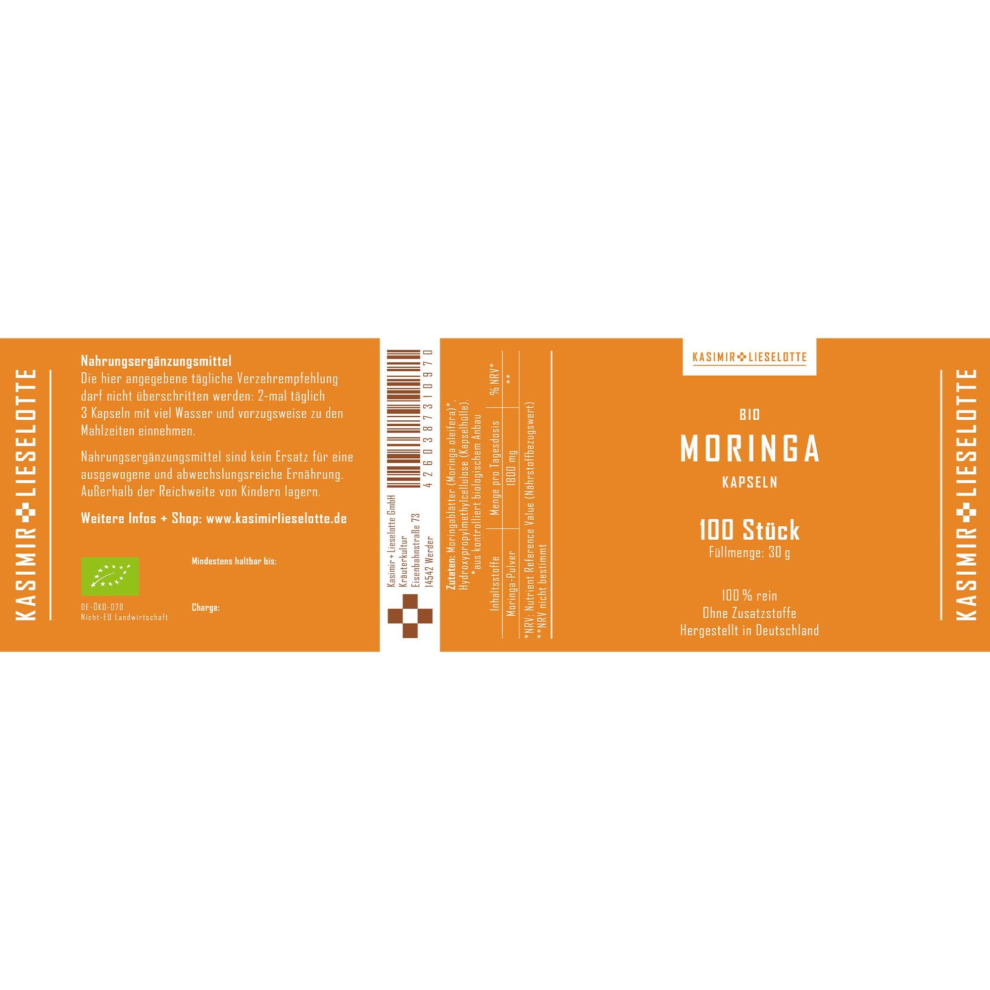 Moringa, Kapseln, Bio, 100 Stück, 30 g