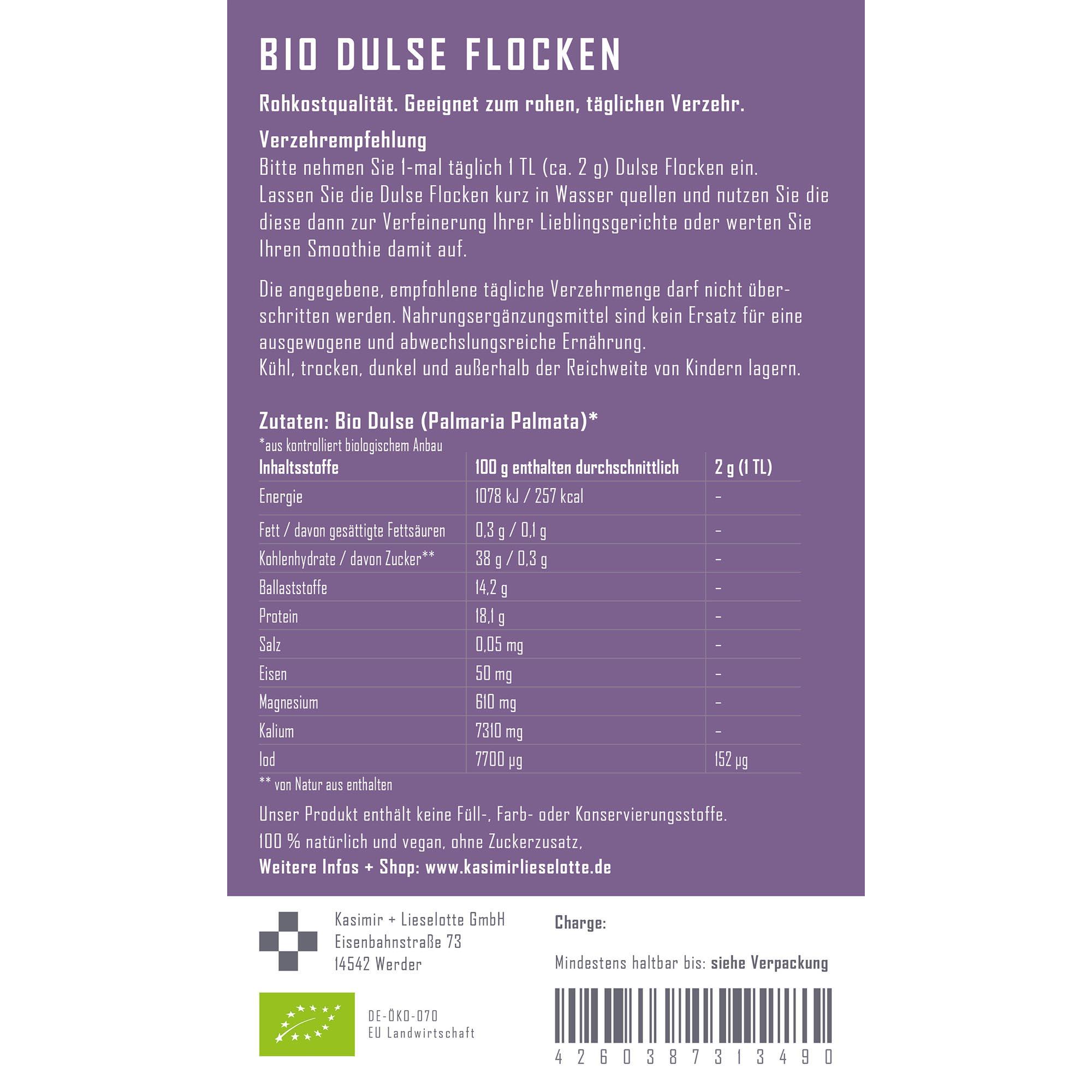 Bio Dulse Flocken, Palmaría Palmata, Zutatenliste, Nährwerte, Vegan